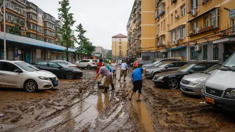 Personas limpiando una calle de Pekín