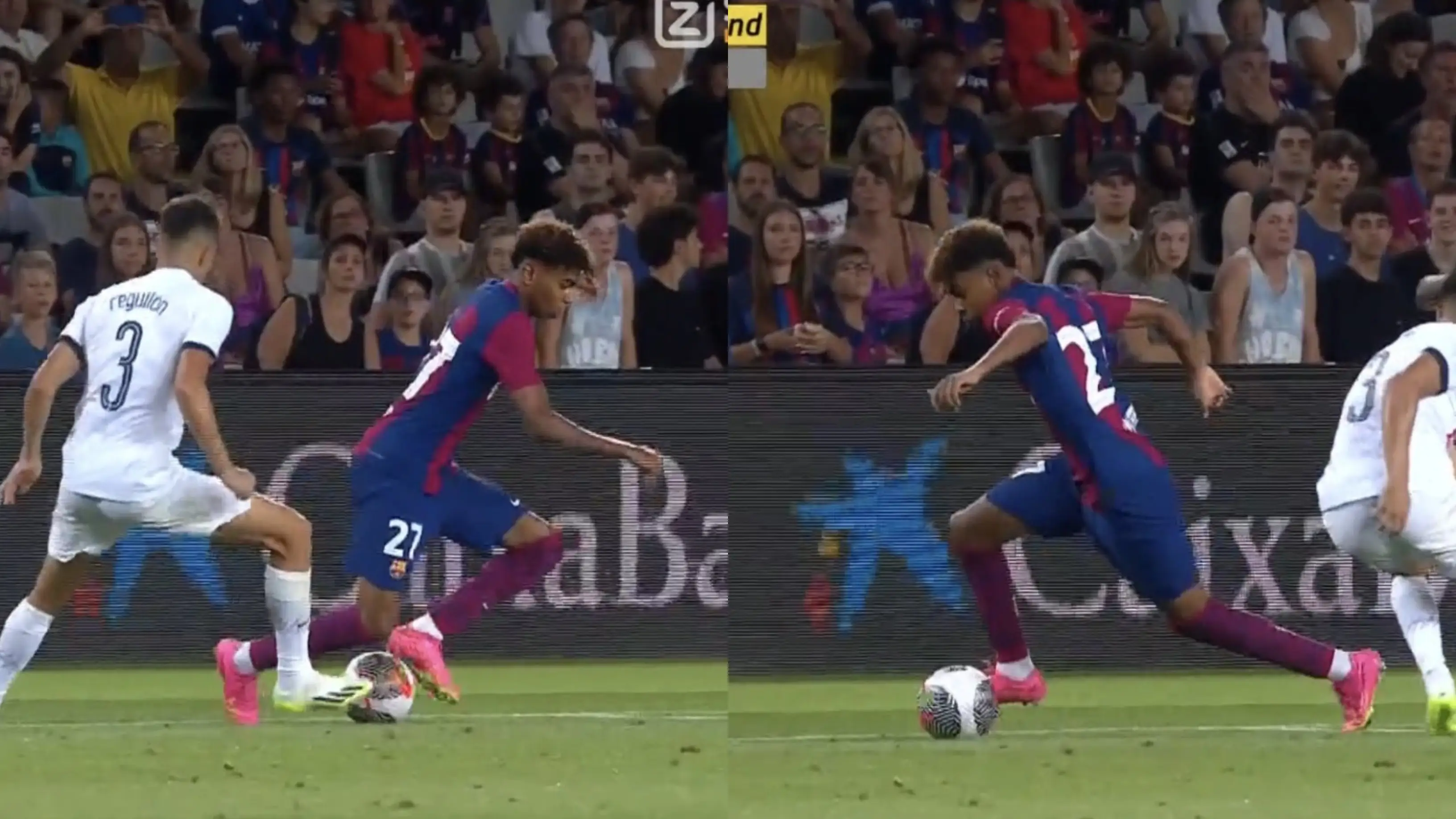Lamine Yamal rompe a Reguilón con un gran regate en el Gamper Lamine Yamal rompe a Reguilón con un gran regate en el Gamper