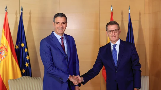Saludo entre Sánchez y Feijóo antes de reunirse en el Congreso Saludo entre Sánchez y Feijóo antes de reunirse en el Congreso