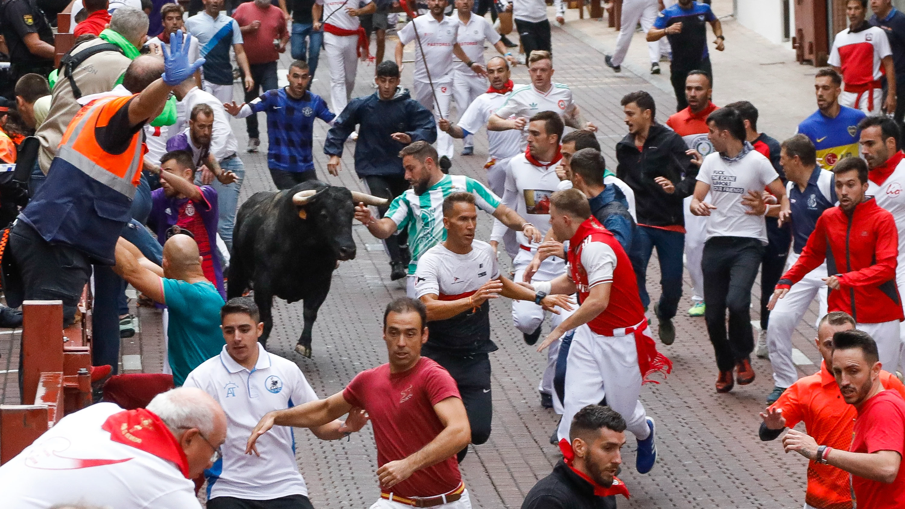 Mozos y toros durante el recorrido del sexto encierro de las fiestas de San Sebastián de los Reyes Mozos y toros durante el recorrido del sexto encierro de las fiestas de San Sebastián de los Reyes