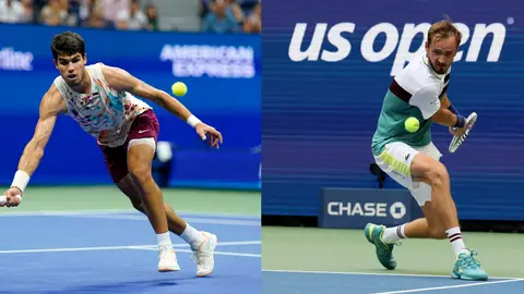 Carlos Alcaraz y Daniil Medvedev, en acción en el US Open