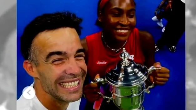 Pere Riba y Coco Gauff tras la final del US Open