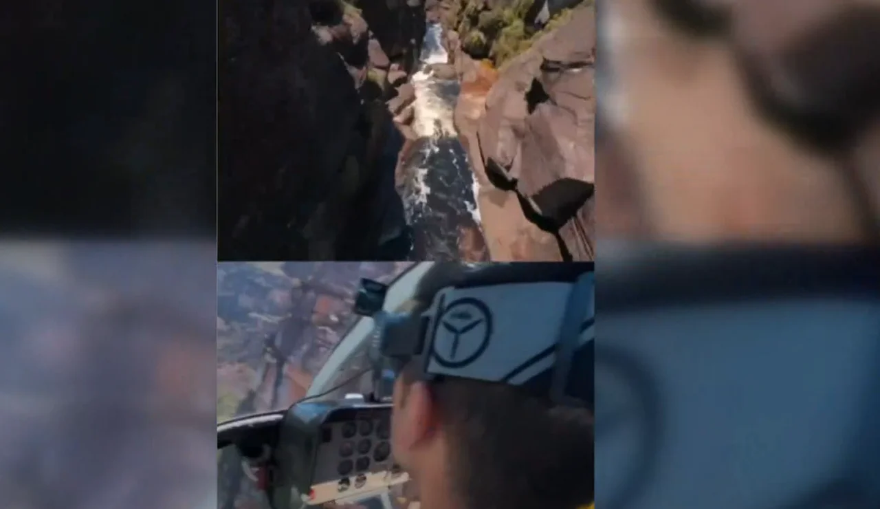 Iván Merino pilotando su dron por el Salto del Ángel, Venezuela
