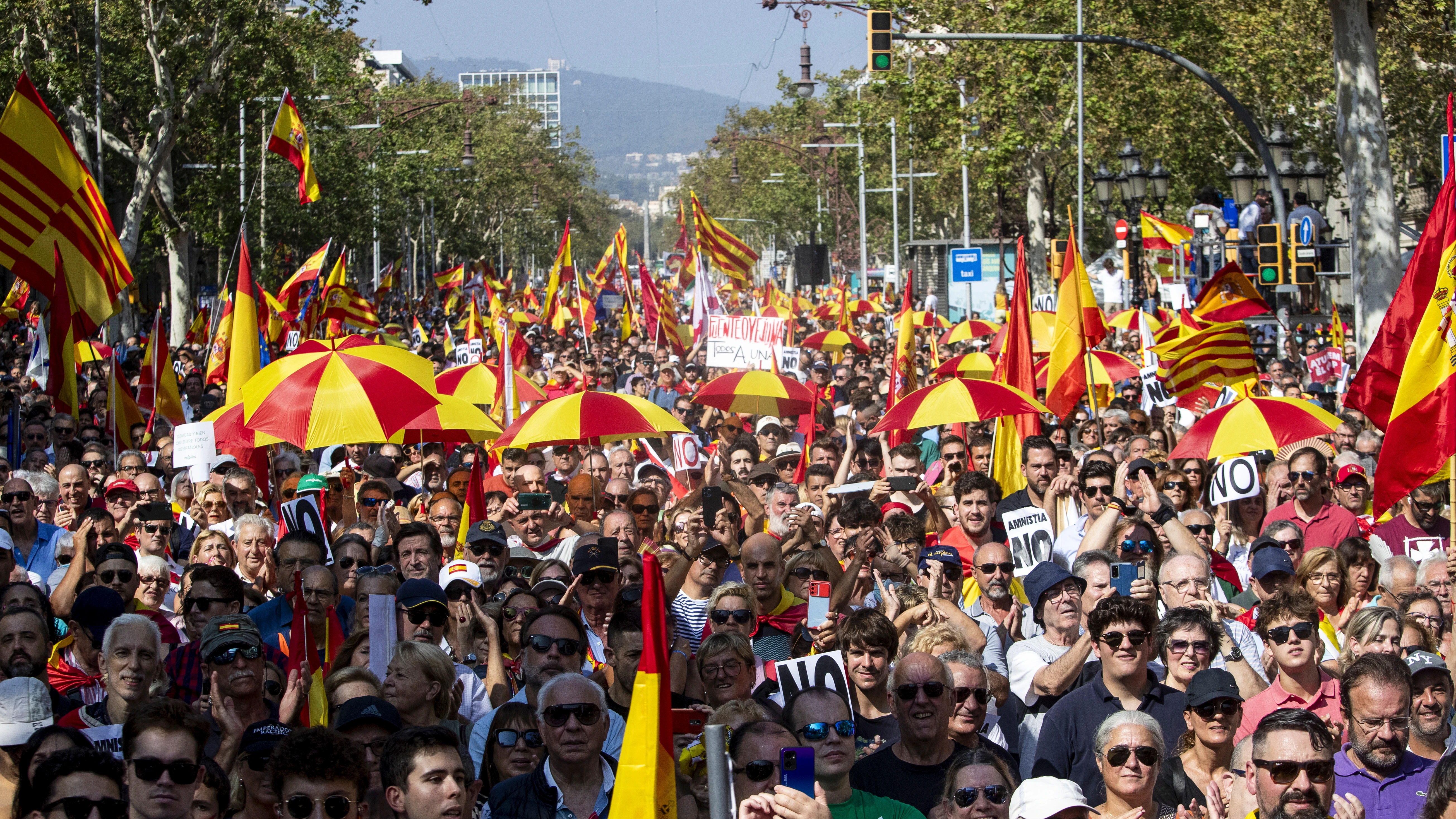 Aspecto de la manifestaci&oacute;n convocada por Societat Civil Catalana (SCC) bajo el lema "No en mi nombre. Ni amnist&iacute;a, ni autodeterminaci&oacute;n", para rechazar toda concesi&oacute;n a ERC y JxCat en la negociaci&oacute;n para la investidura del pr&oacute;ximo presidente del Gobierno. 