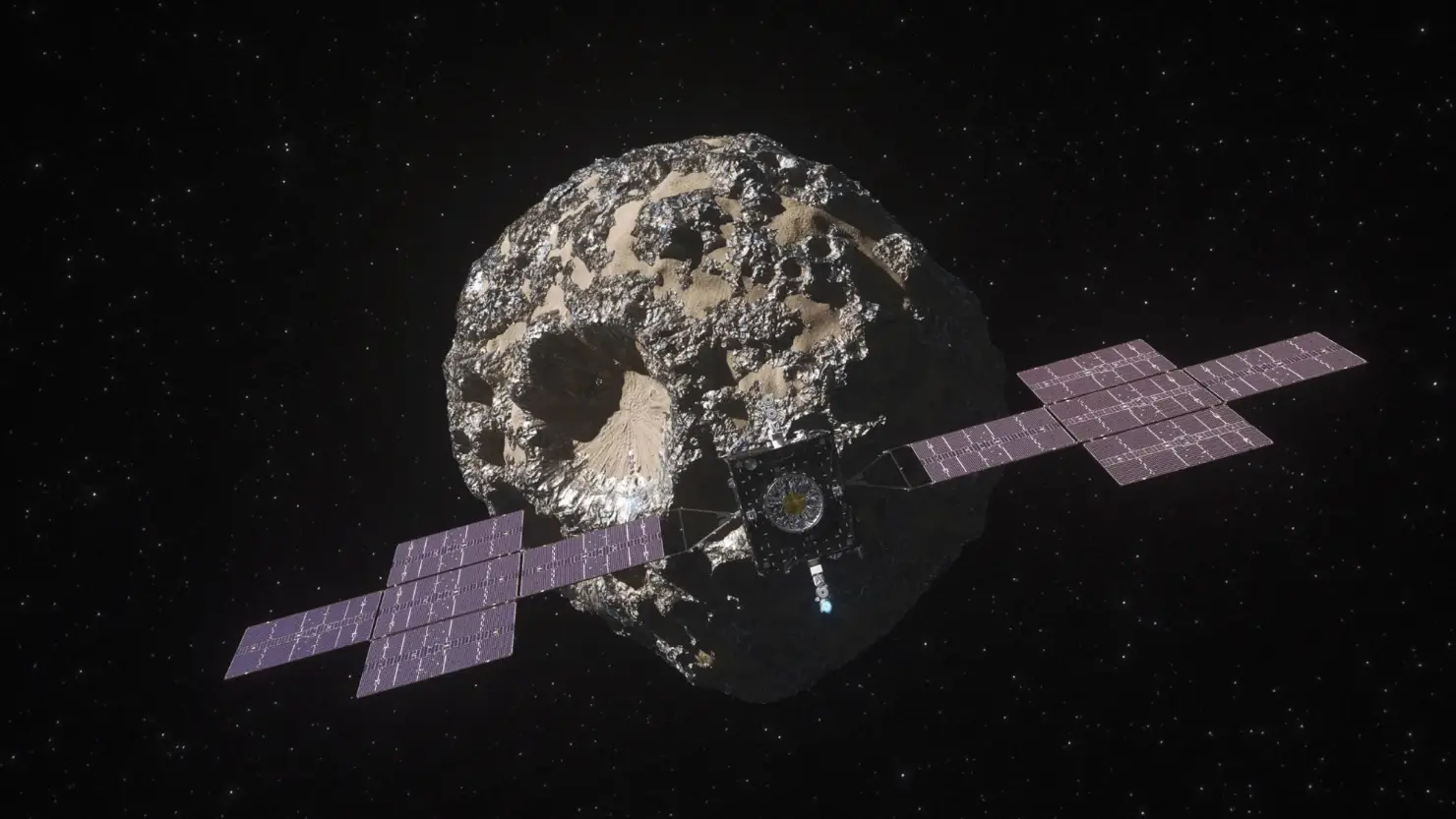 Ilustración de la nave espacial Psyche de la NASA acercándose al asteroide del mismo nombre Ilustración de la nave espacial Psyche de la NASA acercándose al asteroide del mismo nombre