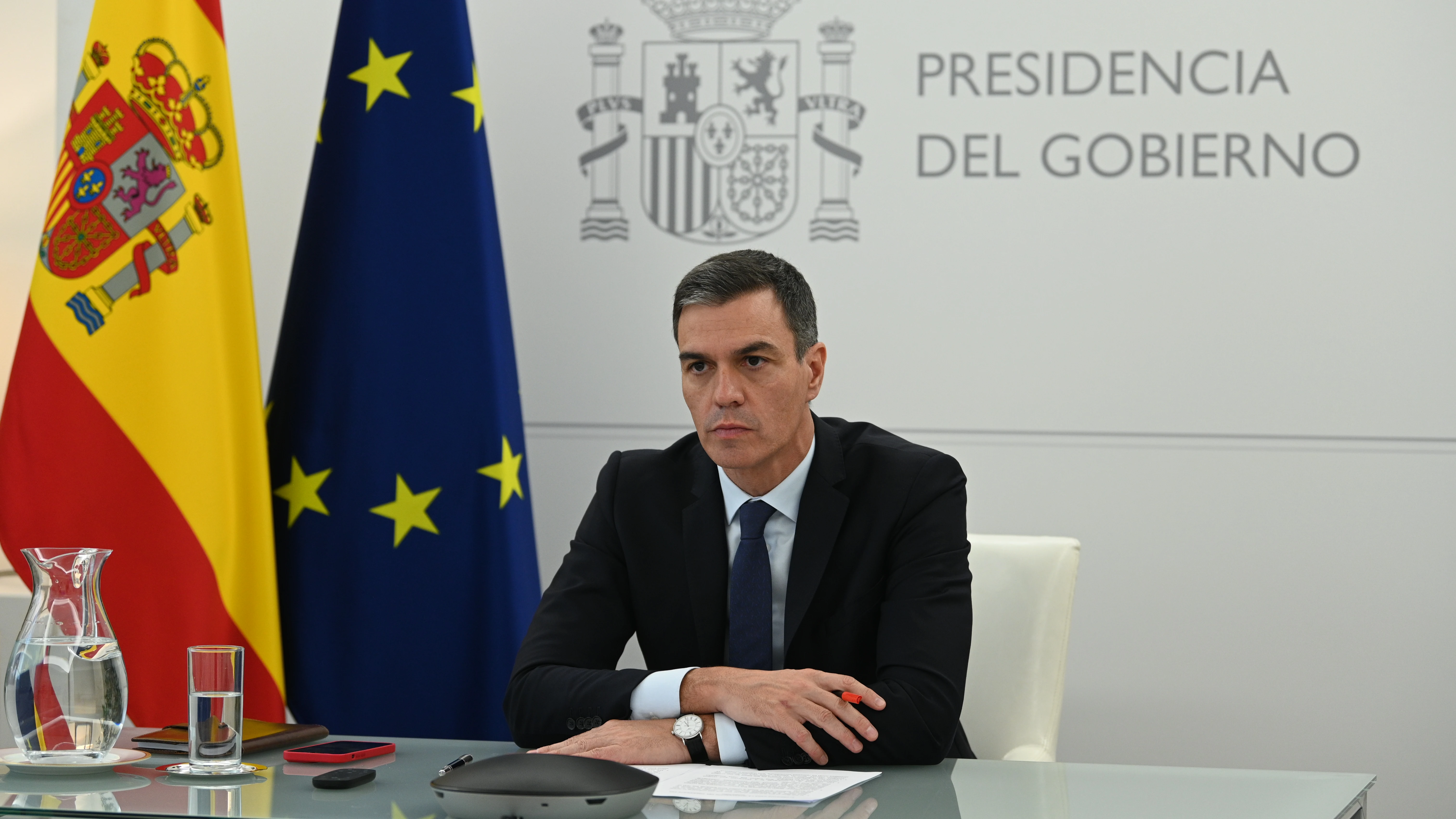 Pedro Sánchez, durante la reunión extraordinaria del Consejo Europeo celebrado el martes por videoconferencia.