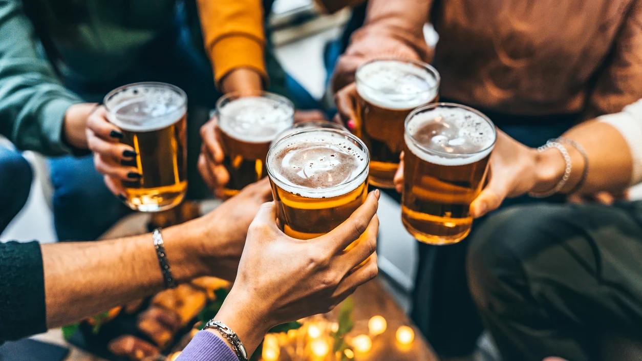 7 j&oacute;venes brindando con cerveza
