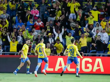 Los jugadores de las Palmas celebran el gol de Kirian (2-1) Los jugadores de las Palmas celebran el gol de Kirian (2-1)