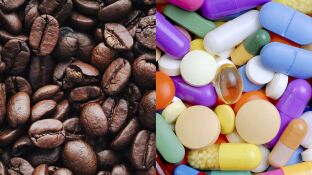 Im&aacute;genes de granos de caf&eacute; y de pastillas.