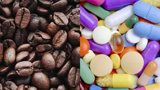 Imágenes de granos de café y de pastillas. Imágenes de granos de café y de pastillas.