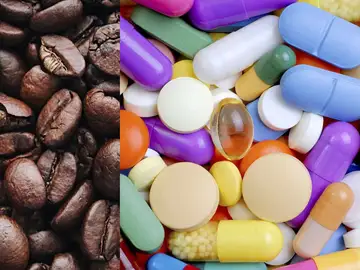 Imágenes de granos de café y de pastillas. Imágenes de granos de café y de pastillas.