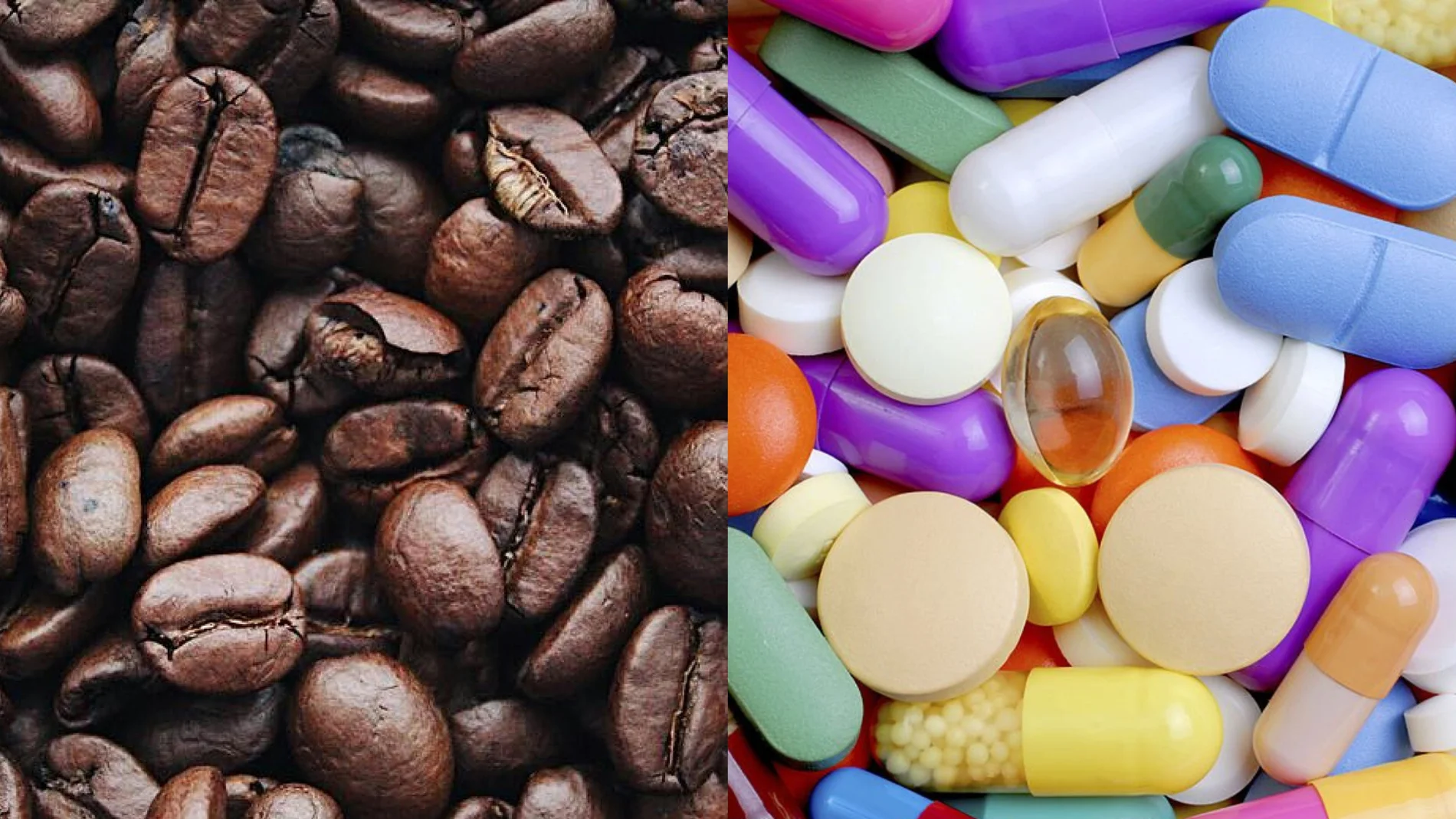 Imágenes de granos de café y de pastillas.
