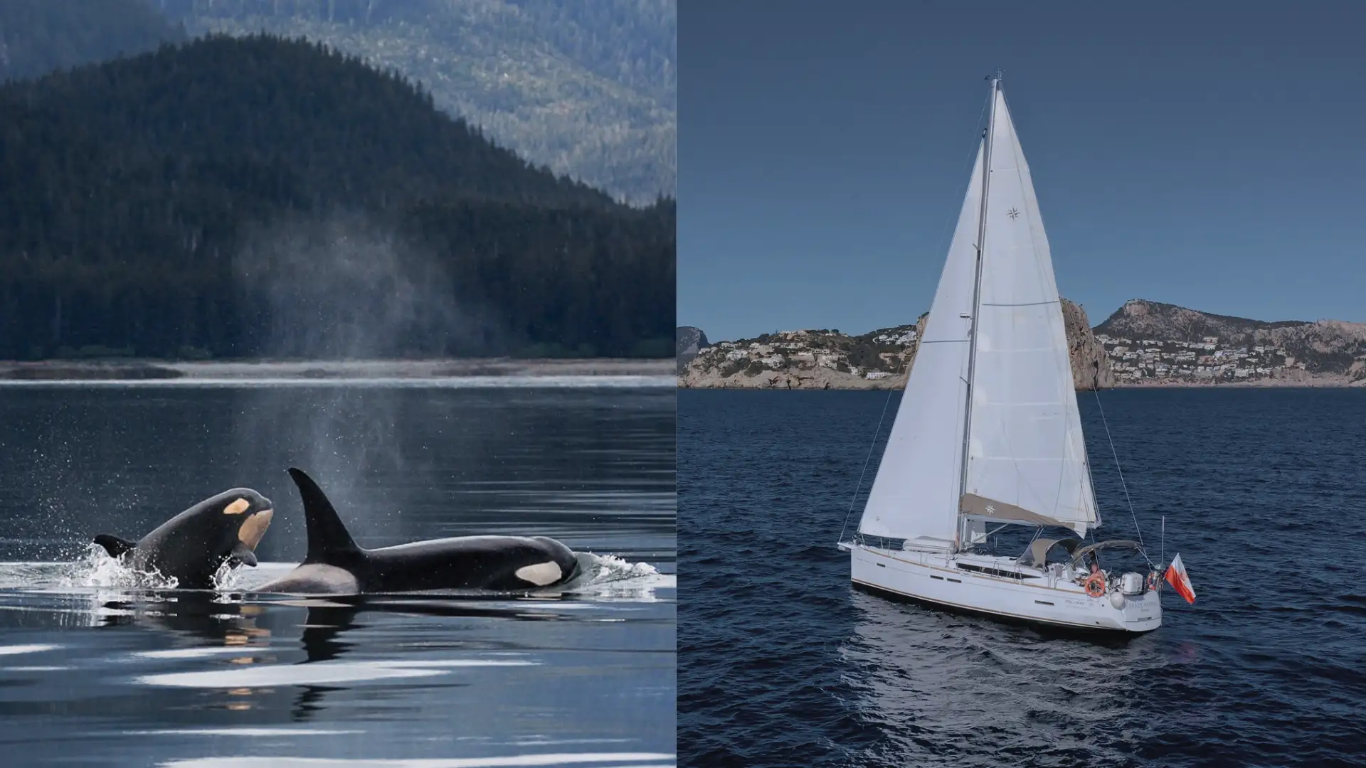 Imagen de unas orcas y del velero afectado. Imagen de unas orcas y del velero afectado.