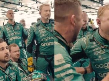 Los mecánicos de Aston Martin celebran el podio de Alonso en Interlagos