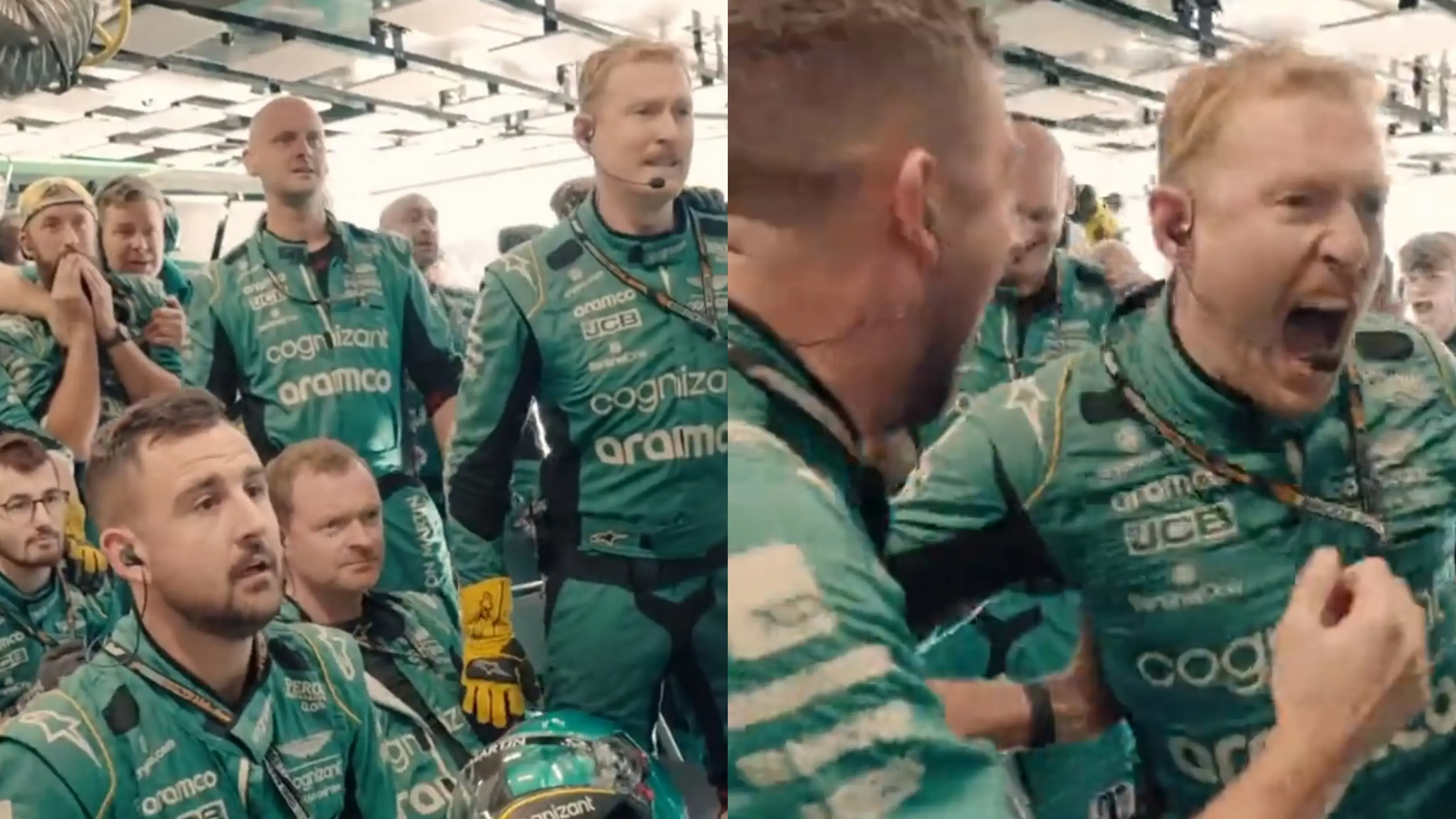 Los mecánicos de Aston Martin celebran el podio de Alonso en Interlagos Los mecánicos de Aston Martin celebran el podio de Alonso en Interlagos