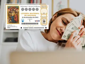 Una imagen de unos boletos de Lotería Nacional de Navidad y un mujer sosteniendo unos billetes. Una imagen de unos boletos de Lotería Nacional de Navidad y un mujer sosteniendo unos billetes.