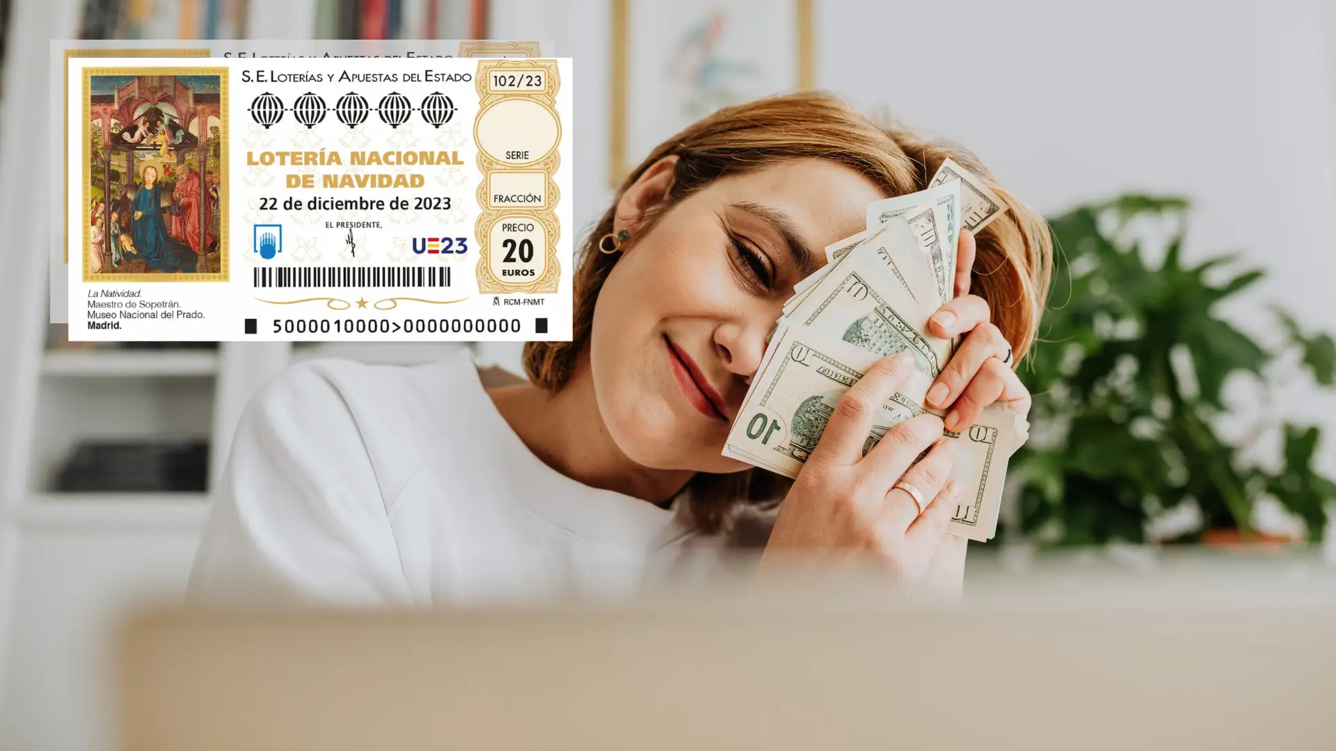 Una imagen de unos boletos de Lotería Nacional de Navidad y un mujer sosteniendo unos billetes. Una imagen de unos boletos de Lotería Nacional de Navidad y un mujer sosteniendo unos billetes.