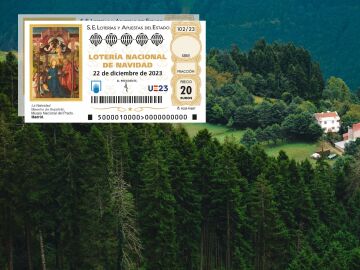 Imagen de dos boletos de la lotería de Navidad y una imagen de un pueblo. Imagen de dos boletos de la lotería de Navidad y una imagen de un pueblo.
