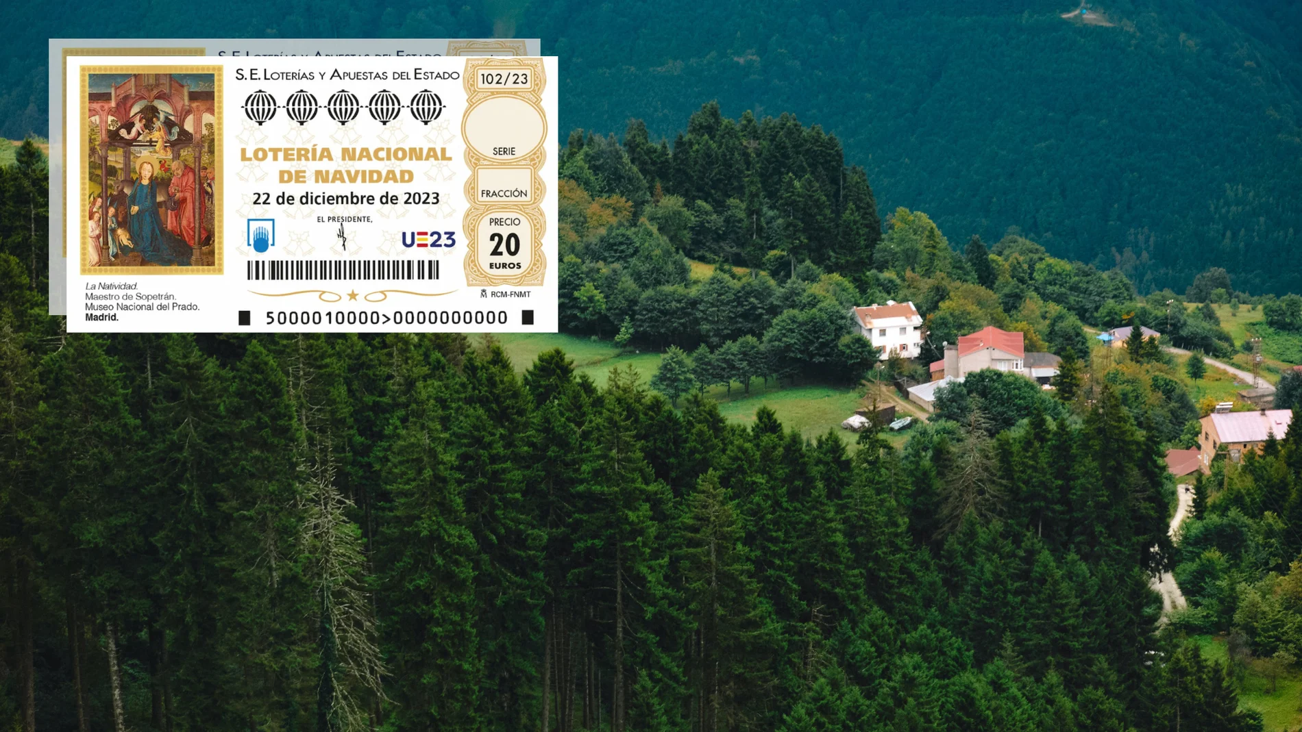 Imagen de dos boletos de la lotería de Navidad y una imagen de un pueblo.