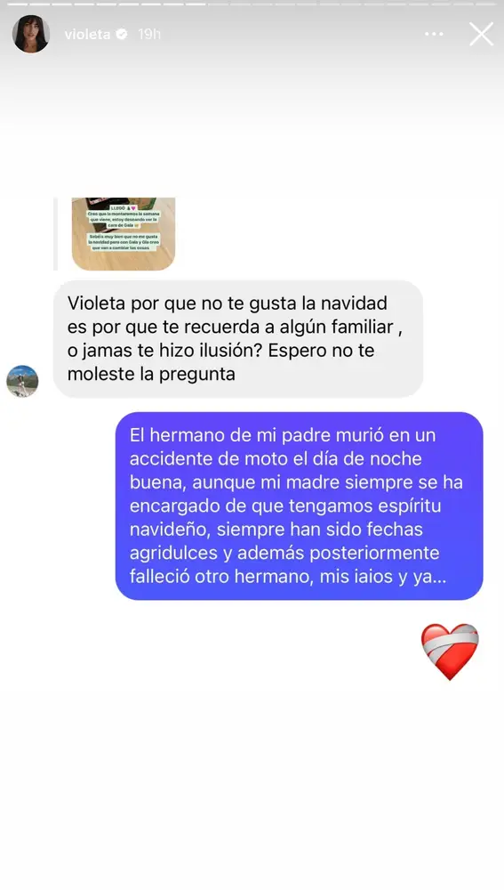 Violeta Mangriñán muestra una captura de pantalla hablando con un seguidor sobre el motivo de su desilusión por la Navidad