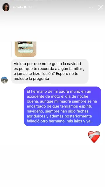 Violeta Mangriñán muestra una captura de pantalla hablando con un seguidor sobre el motivo de su desilusión por la Navidad Violeta Mangriñán muestra una captura de pantalla hablando con un seguidor sobre el motivo de su desilusión por la Navidad