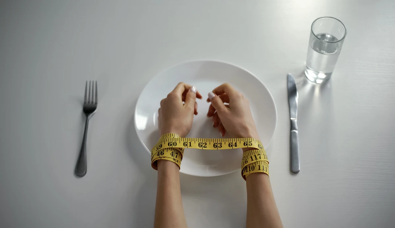 Persona atada con una cinta métrica a la hora de comer