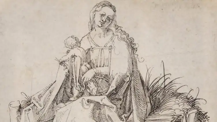'La Virgen y el Niño con una flor en un banco con hierba', Alberto Durero 'La Virgen y el Niño con una flor en un banco con hierba', Alberto Durero