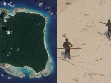 Imagen aérea de la isla de Sentinel y algunos habitantes
