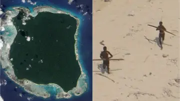 Imagen aérea de la isla de Sentinel y algunos habitantes