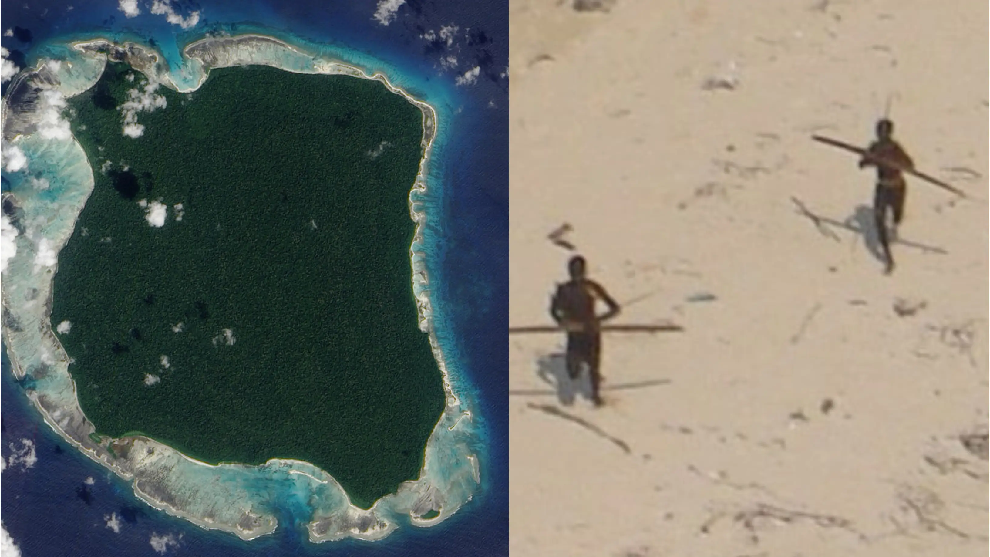 Imagen a&eacute;rea de la isla de Sentinel y algunos habitantes
