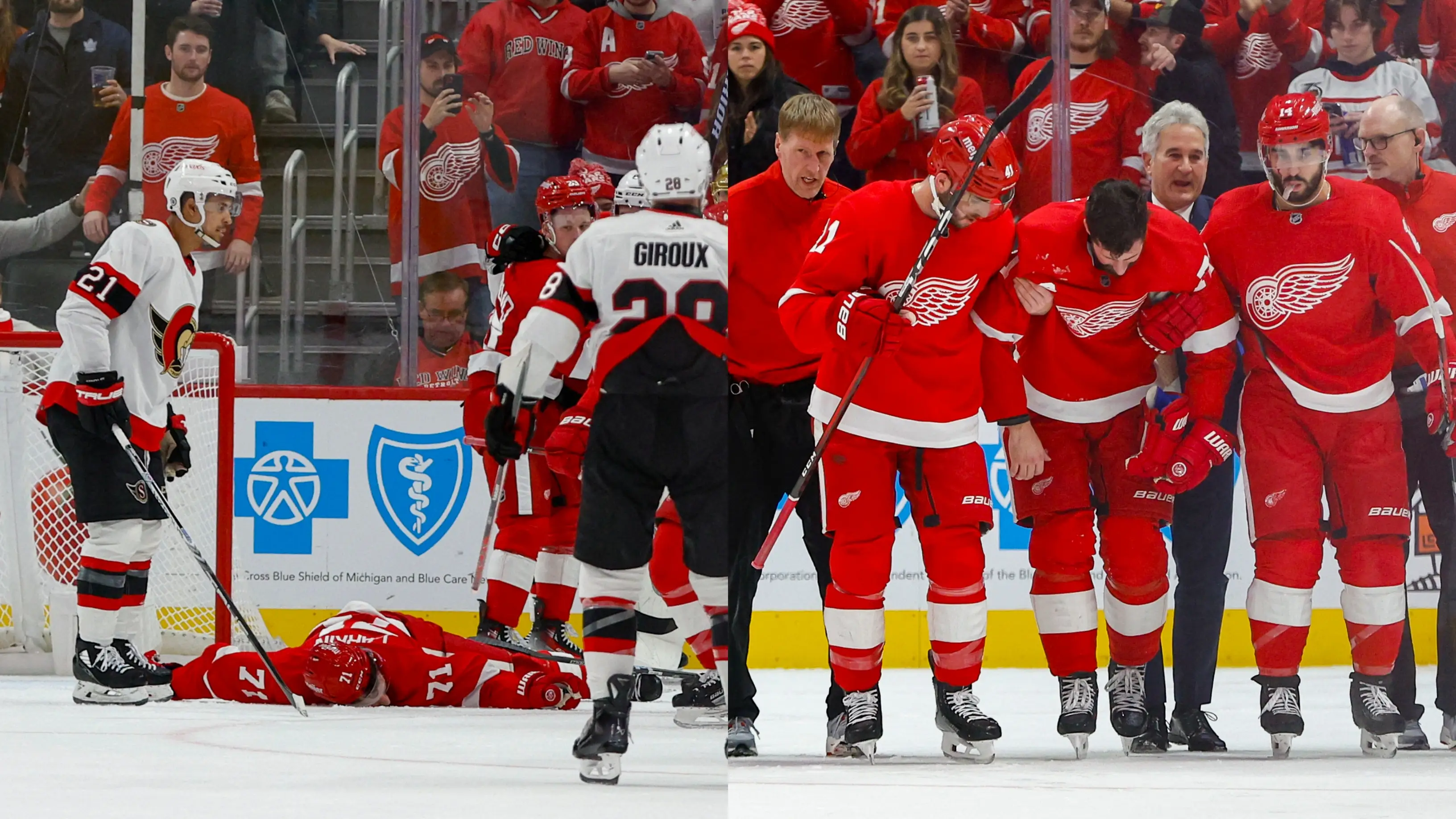 Momento en el que Dylan Larkin se desploma sobre el hielo y su posterior retirada Momento en el que Dylan Larkin se desploma sobre el hielo y su posterior retirada