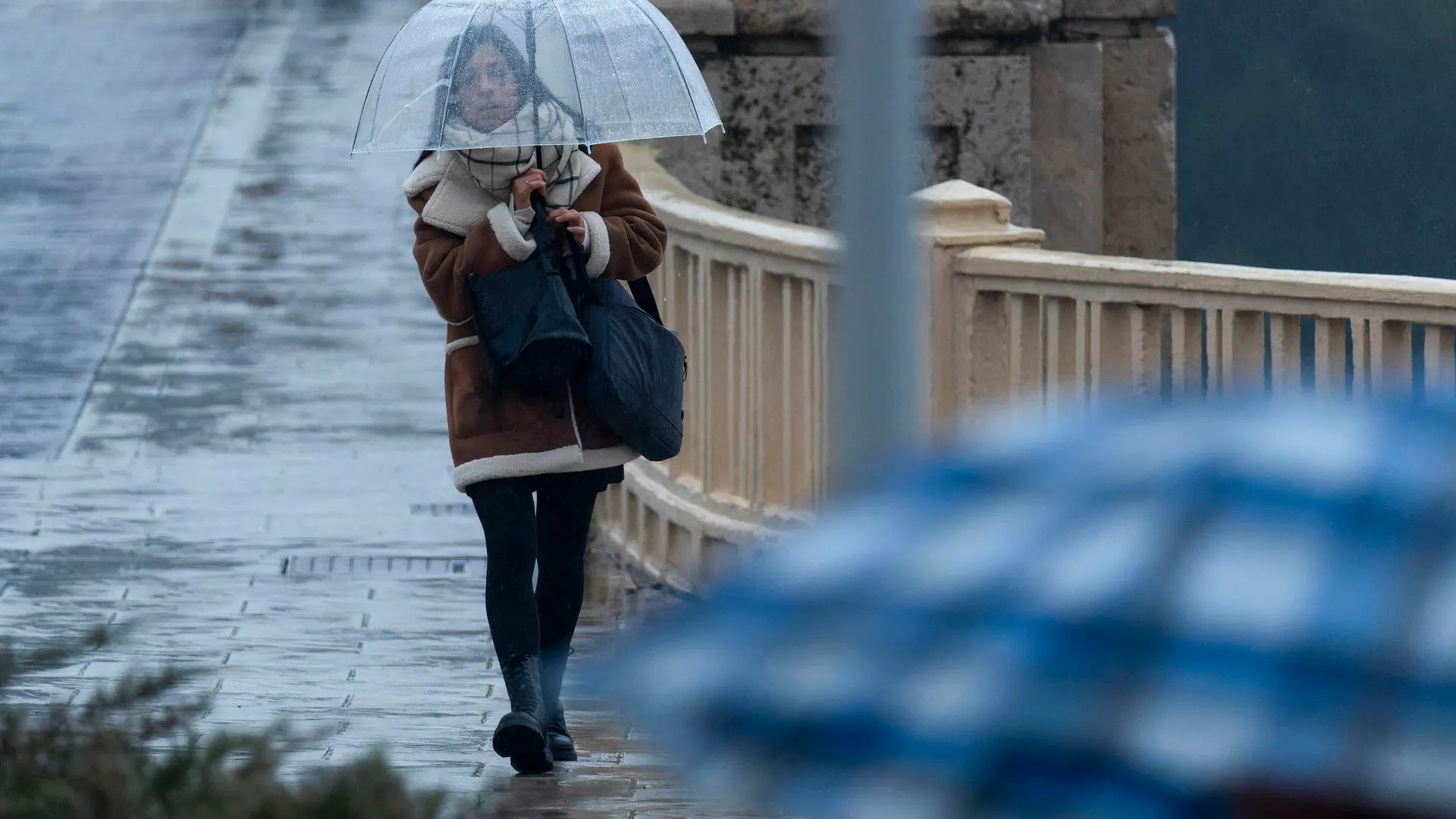 Mujer se protege de la lluvia Mujer se protege de la lluvia