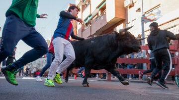 Varias personas corren junto a morlacos este domingo durante los encierros blancos