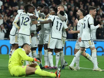Los jugadores del Real Madrid celebran uno de los cuatro goles anotados ante el Girona Los jugadores del Real Madrid celebran uno de los cuatro goles anotados ante el Girona
