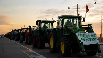 os tractores de los agricultores concentrados en la A-42 a la altura de Torrejón de la Calzada