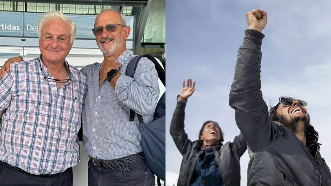 Los supervivientes Roberto Canessa y Gustavo Zerbino junto a un montaje de La sociedad de la nieve Los supervivientes Roberto Canessa y Gustavo Zerbino junto a un montaje de La sociedad de la nieve