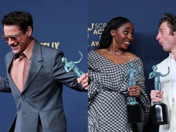 Montaje de Robert Downey Jr. con Ayo Edebiri y Jeremy Allen White en los SAG Awards