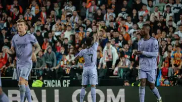 Celebración de Vini Jr. tras su gol en Mestalla