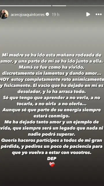 Joaquín Torres revela la muerte de su madre en Instagram Joaquín Torres revela la muerte de su madre en Instagram