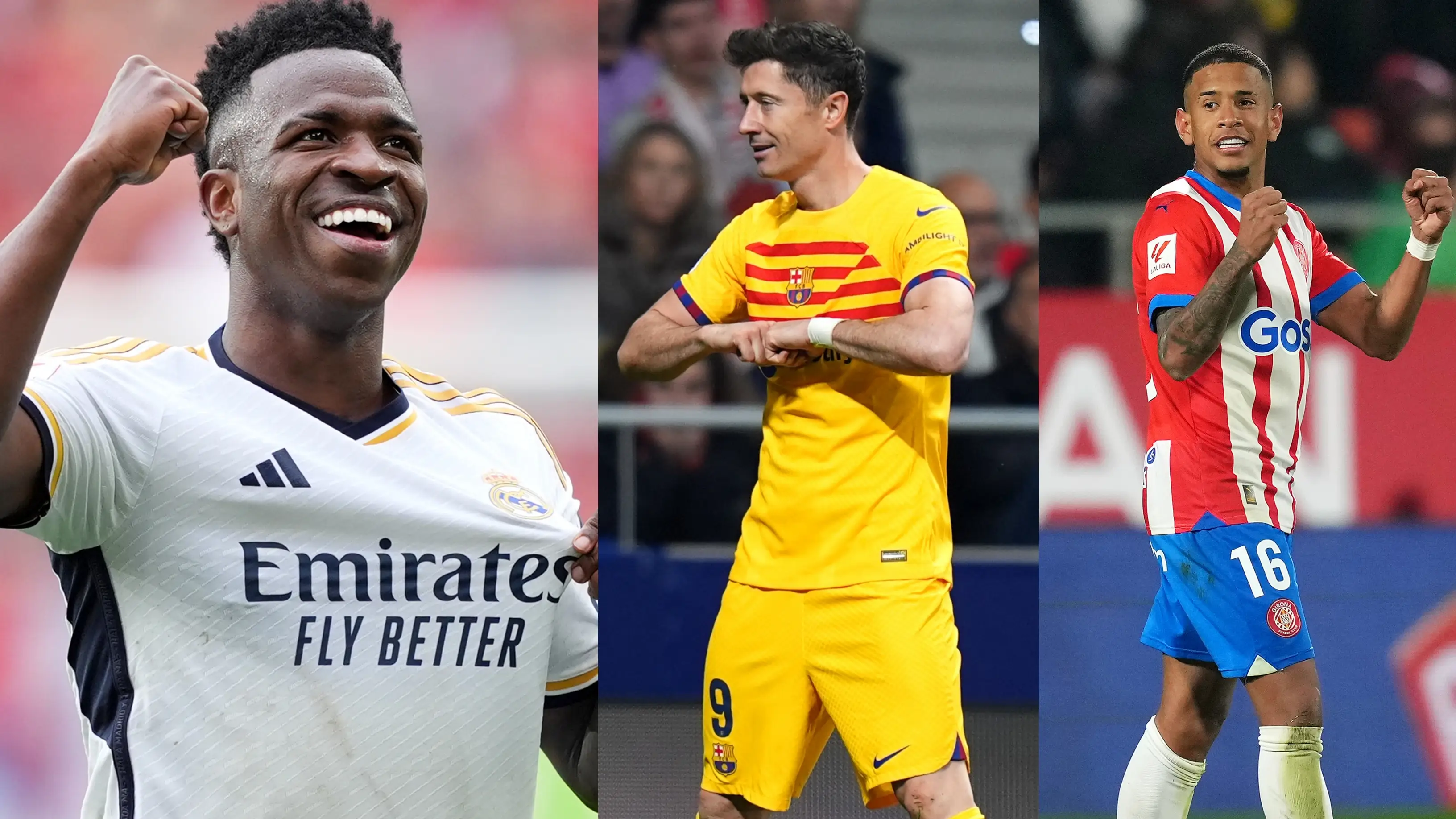 Vinicius (Real Madrid), Lewandowski (FC Barcelona) y Savio (Girona FC) Vinicius (Real Madrid), Lewandowski (FC Barcelona) y Savio (Girona FC)
