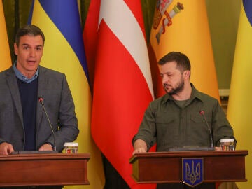 El presidente del Gobierno, Pedro Sánchez (i), y el presidente de Ucrania, Volodímir Zelenski (d)