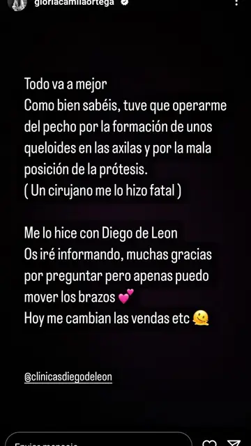 Gloria Camila actualiza su estado de salud tras operarse de nuevo el pecho Gloria Camila actualiza su estado de salud tras operarse de nuevo el pecho