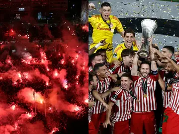 Celebración en Atenas y el momento en el que Kostas Fortounis levanta el trofeo de la Conference League Celebración en Atenas y el momento en el que Kostas Fortounis levanta el trofeo de la Conference League