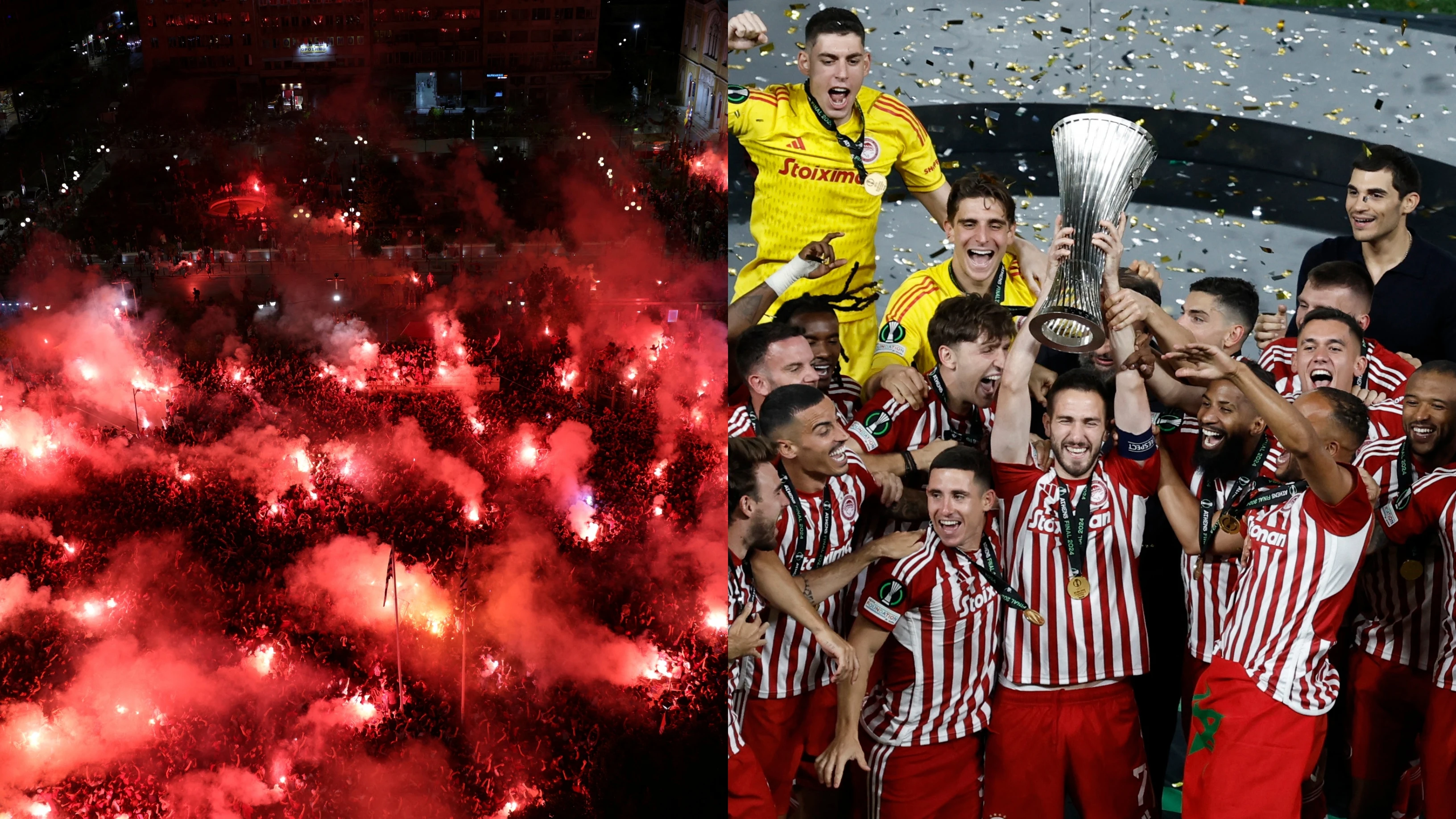 Celebración en Atenas y el momento en el que Kostas Fortounis levanta el trofeo de la Conference League Celebración en Atenas y el momento en el que Kostas Fortounis levanta el trofeo de la Conference League