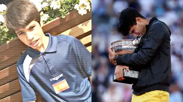 Carlos Alcaraz con 12 años y, este domingo, tras ganar Roland Garros