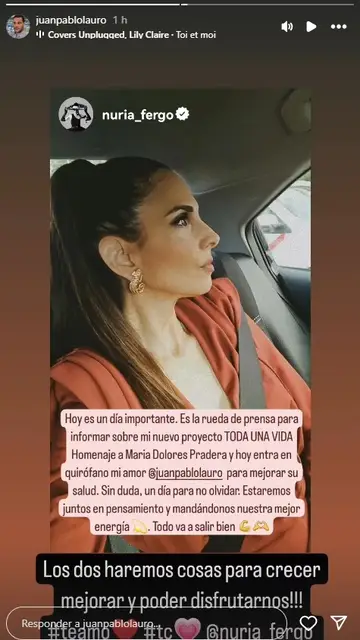 El mensaje de Nuria Fergó a Juan Pablo Lauro antes de entrar en quirófano El mensaje de Nuria Fergó a Juan Pablo Lauro antes de entrar en quirófano