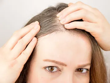 Una mujer observa la raíz de su cabello. Una mujer observa la raíz de su cabello.