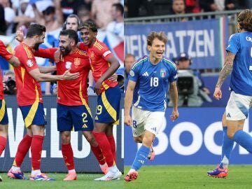 Los jugadores de España e Italia celebran un gol en la primera jornada de la Eurocopa