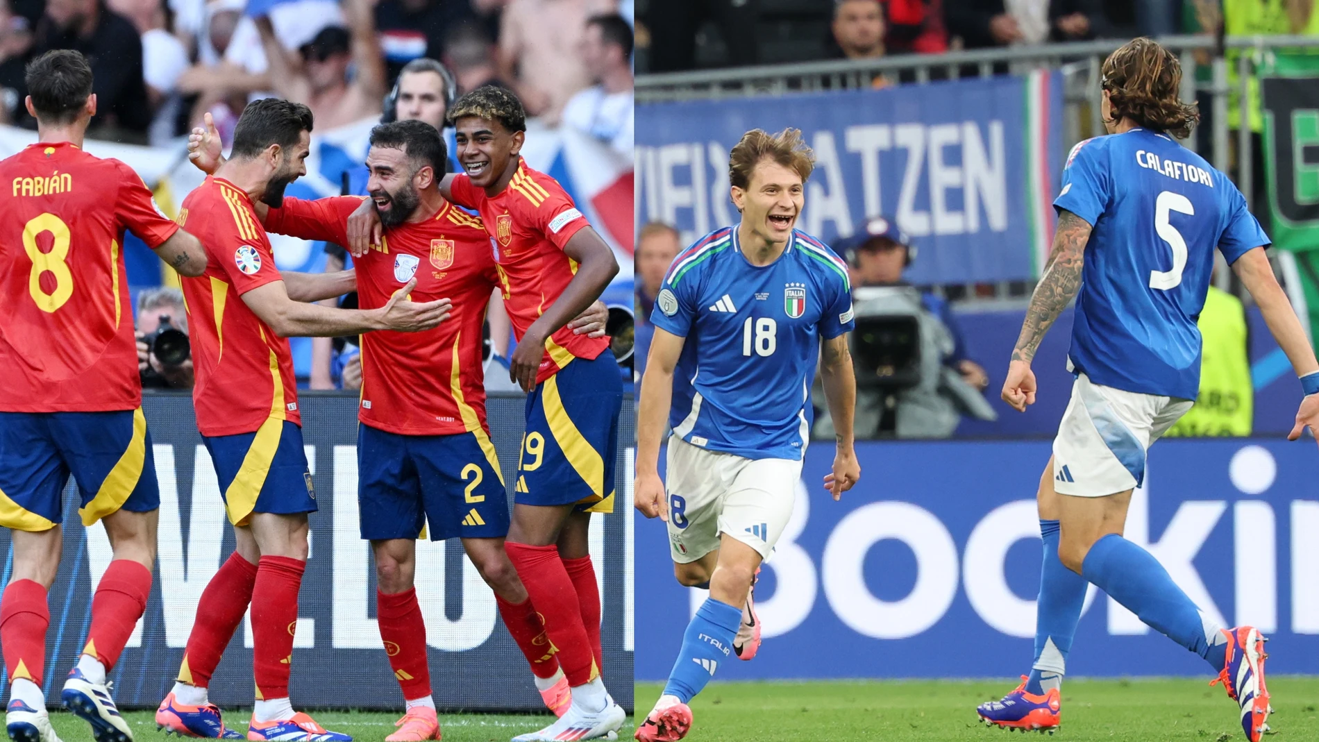 Los jugadores de España e Italia celebran un gol en la primera jornada de la Eurocopa