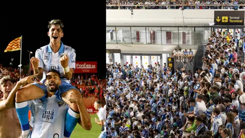 Jugadores del Málaga y aficionados tras el ascenso a Segunda División